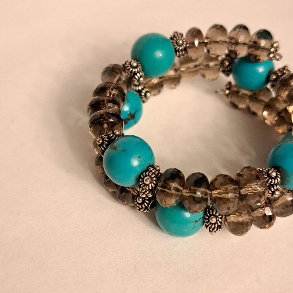 NEW Handmade Bracelet Turquoise Smoky Quartz Gemstones Sterling Silver Spring - Picture 3 of 4